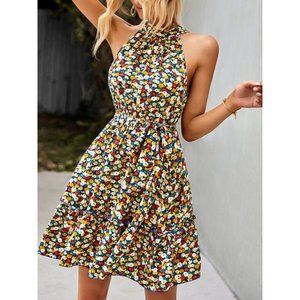 Womens Cotton Printed Halter Mini Dress